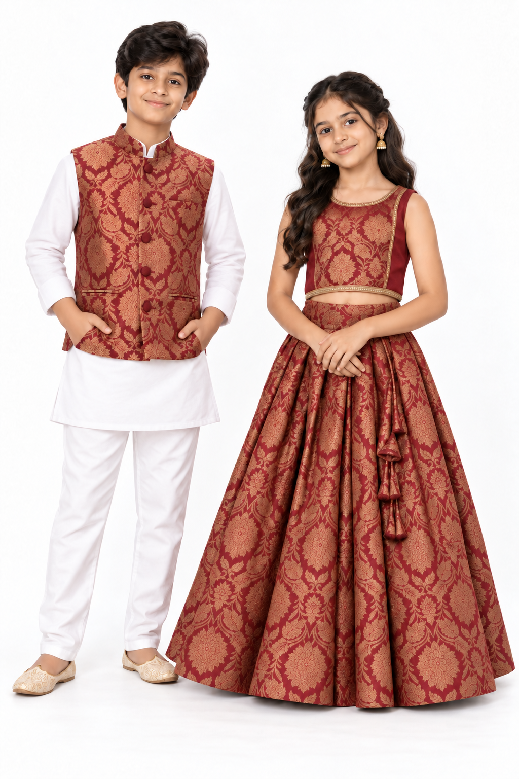 Maroon & Gold Brother Sister Matching Outfits - Nehru Jacket Kurta Pajama & Lehenga Choli on boy and girl models, white background; matching dupatta not pictured