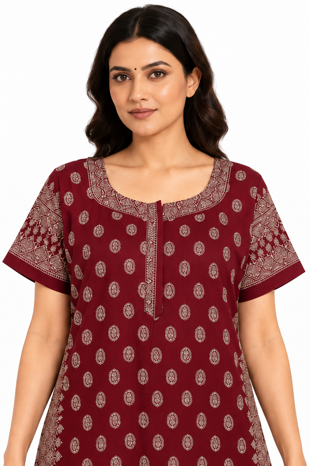 Women's maroon cotton nightgown, close-up detail view