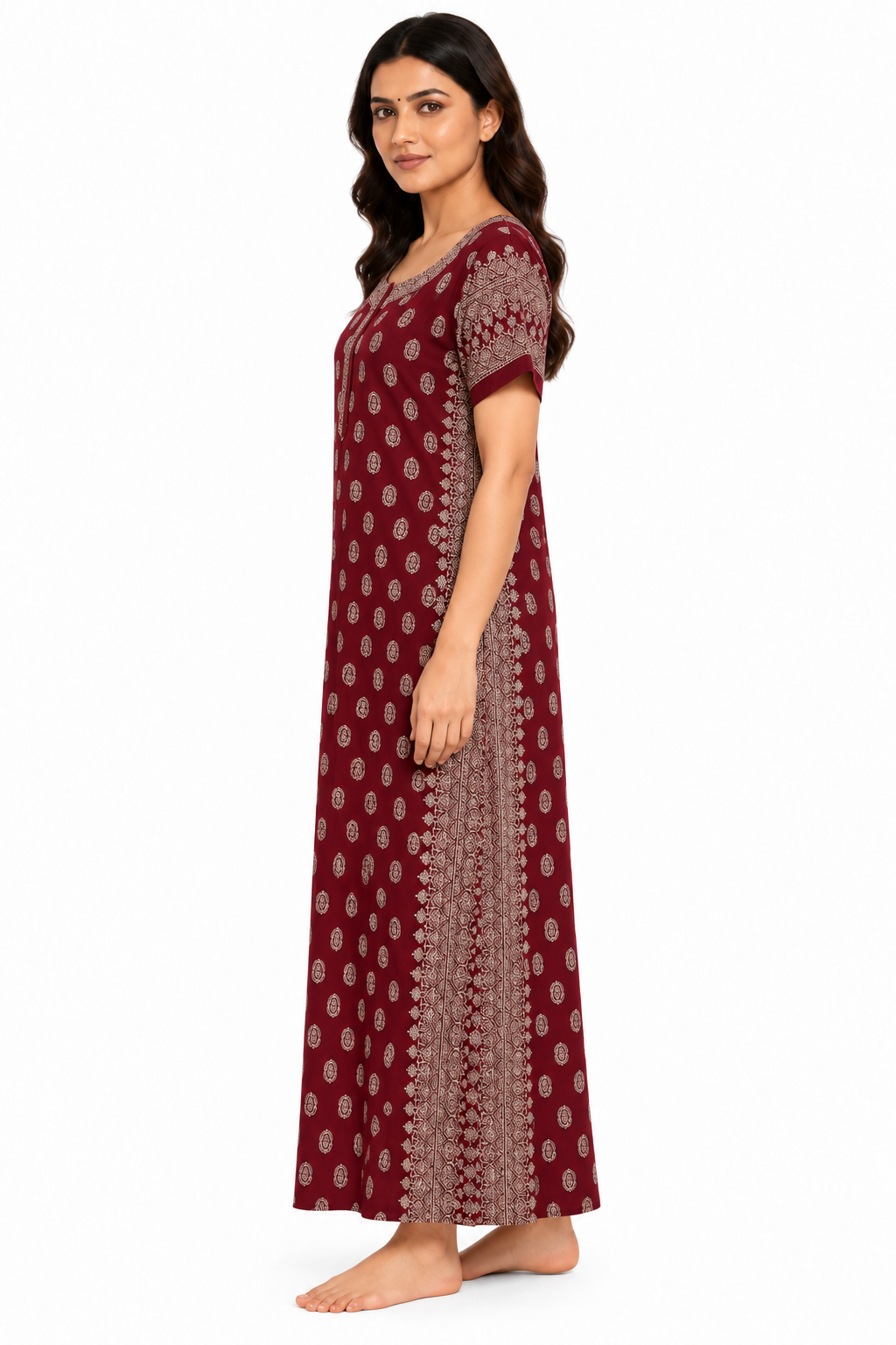 Women's maroon cotton nightgown, side view