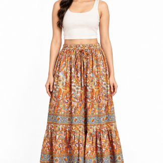 Orange Multicolour Paisley Rayon Maxi Skirt – Tiered Boho Print, Elastic Waist, front view on model