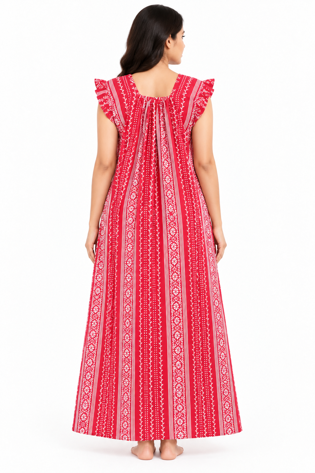 Women’s pink cotton floral print maxi nightgown, back view