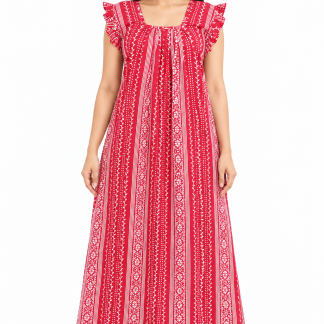 Women’s pink cotton floral print maxi nightgown, front view