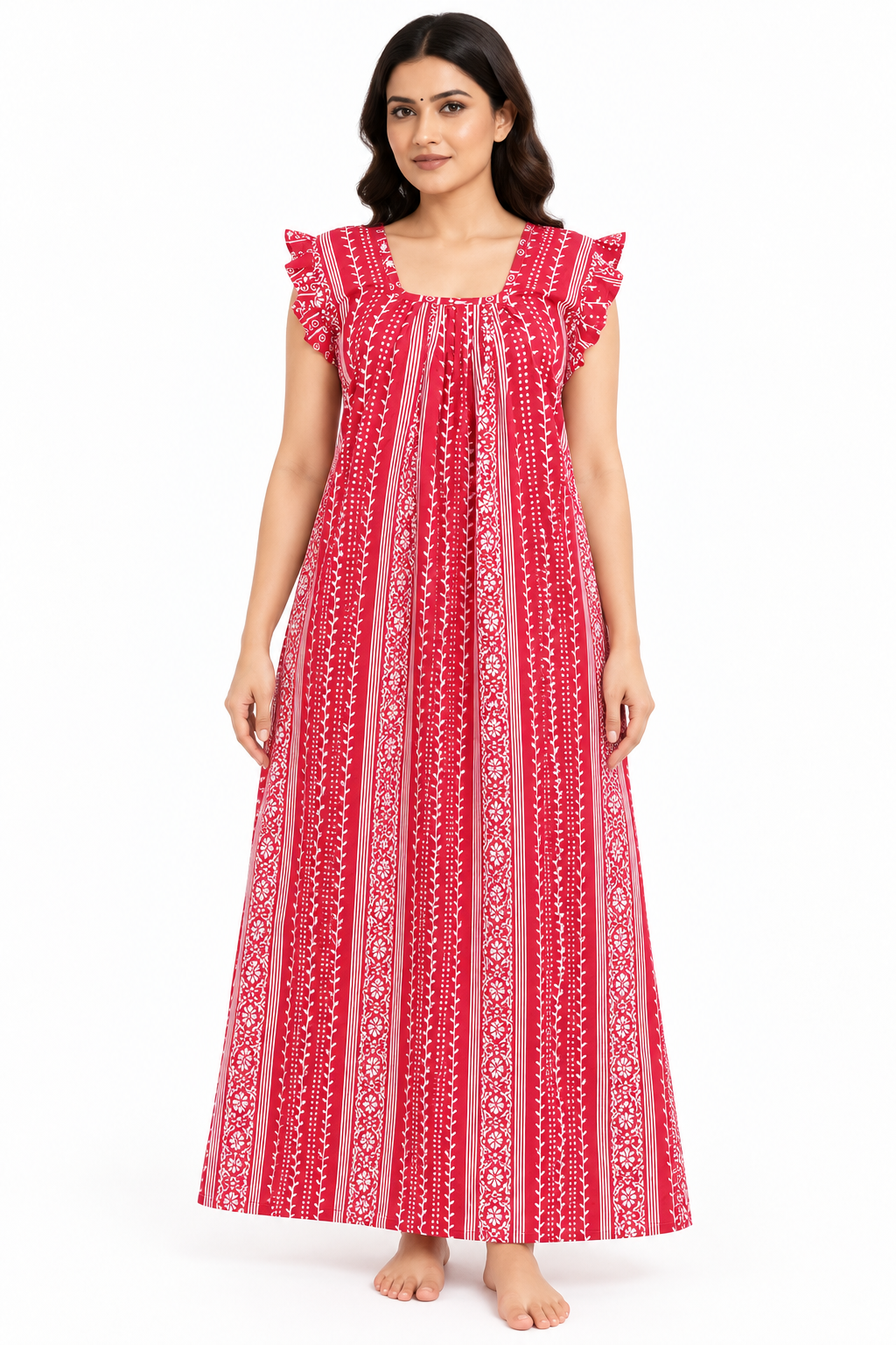 Women’s pink cotton floral print maxi nightgown, front view