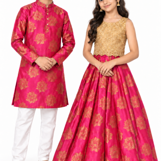 Pink & Gold Brother Sister Matching Outfits - Boys Kurta Pajama & Girls Lehenga Choli on boy and girl models, white background; matching dupatta not pictured