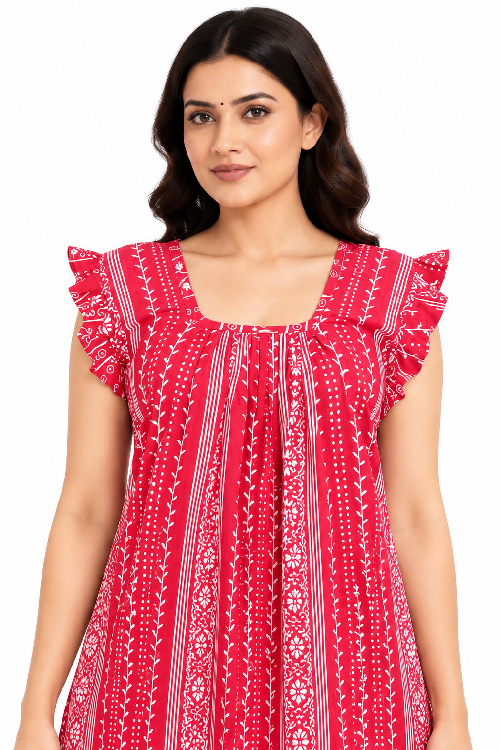 Women's pink cotton nightgown, close-up detail view