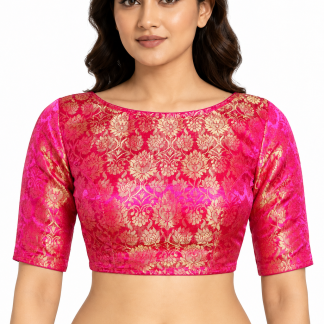 Pink Brocade Silk Saree Blouse, Boat Neck Indian Top front view