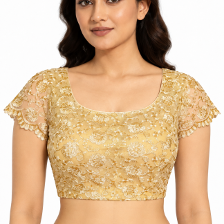 Handmade Gold Embroidered Net Saree Blouse, Party Wear front view