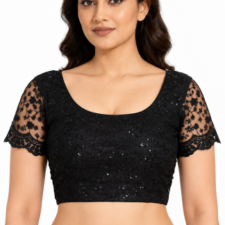 Handmade Black Embroidered Net Saree Blouse, Readymade Sari Top front view