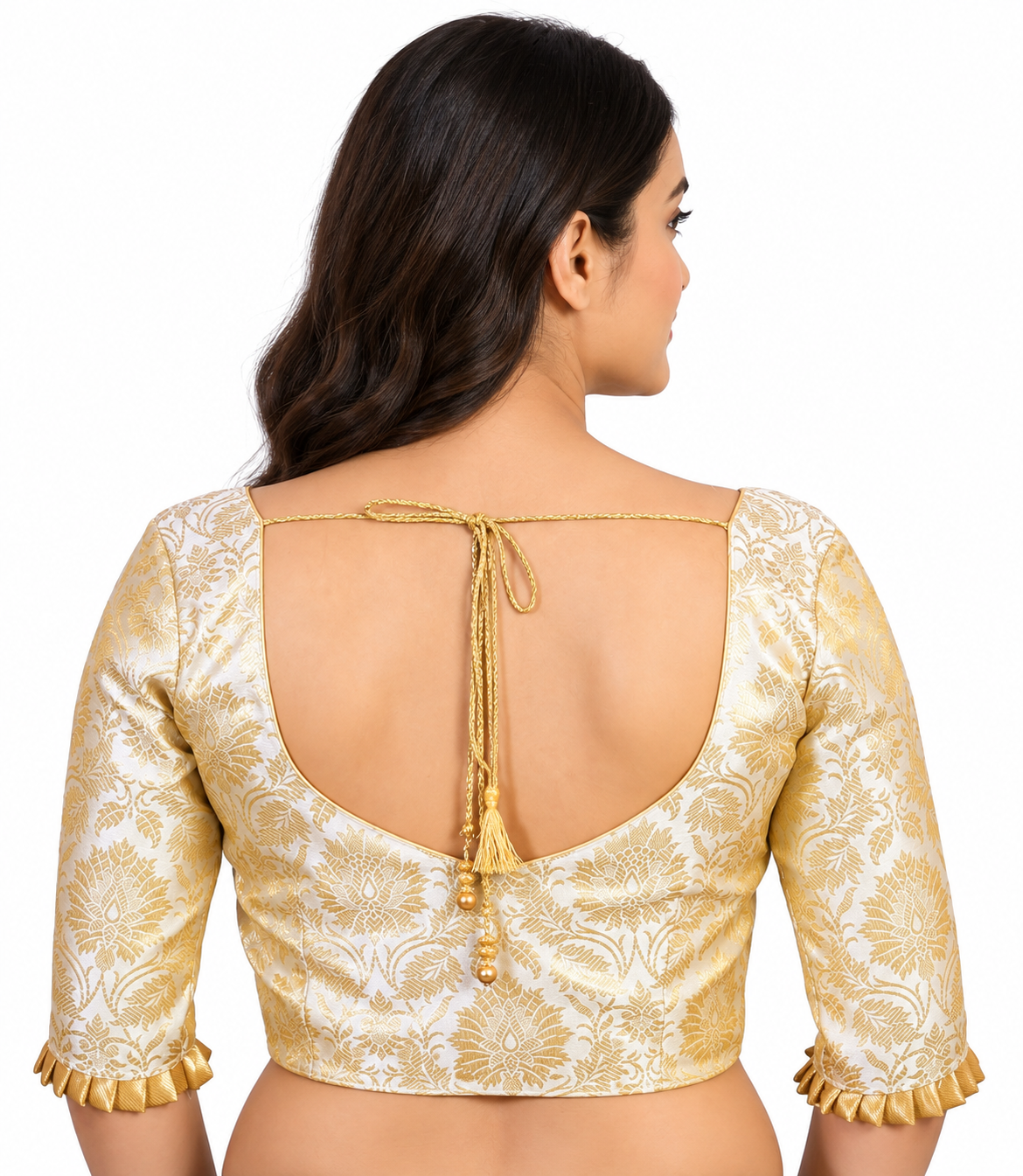 Off White Banarasi Silk Saree Blouse, Embroidered Readymade Sari Top back view