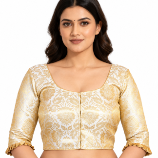 Off White Banarasi Silk Saree Blouse, Embroidered Readymade Sari Top front view
