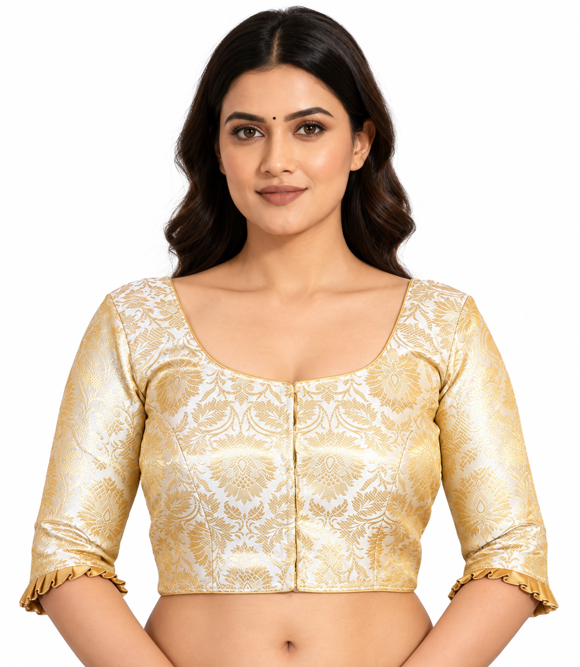 Off White Banarasi Silk Saree Blouse, Embroidered Readymade Sari Top front view