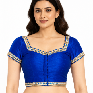 Royal Blue Dupion Silk Saree Blouse, Readymade Sari Top front view