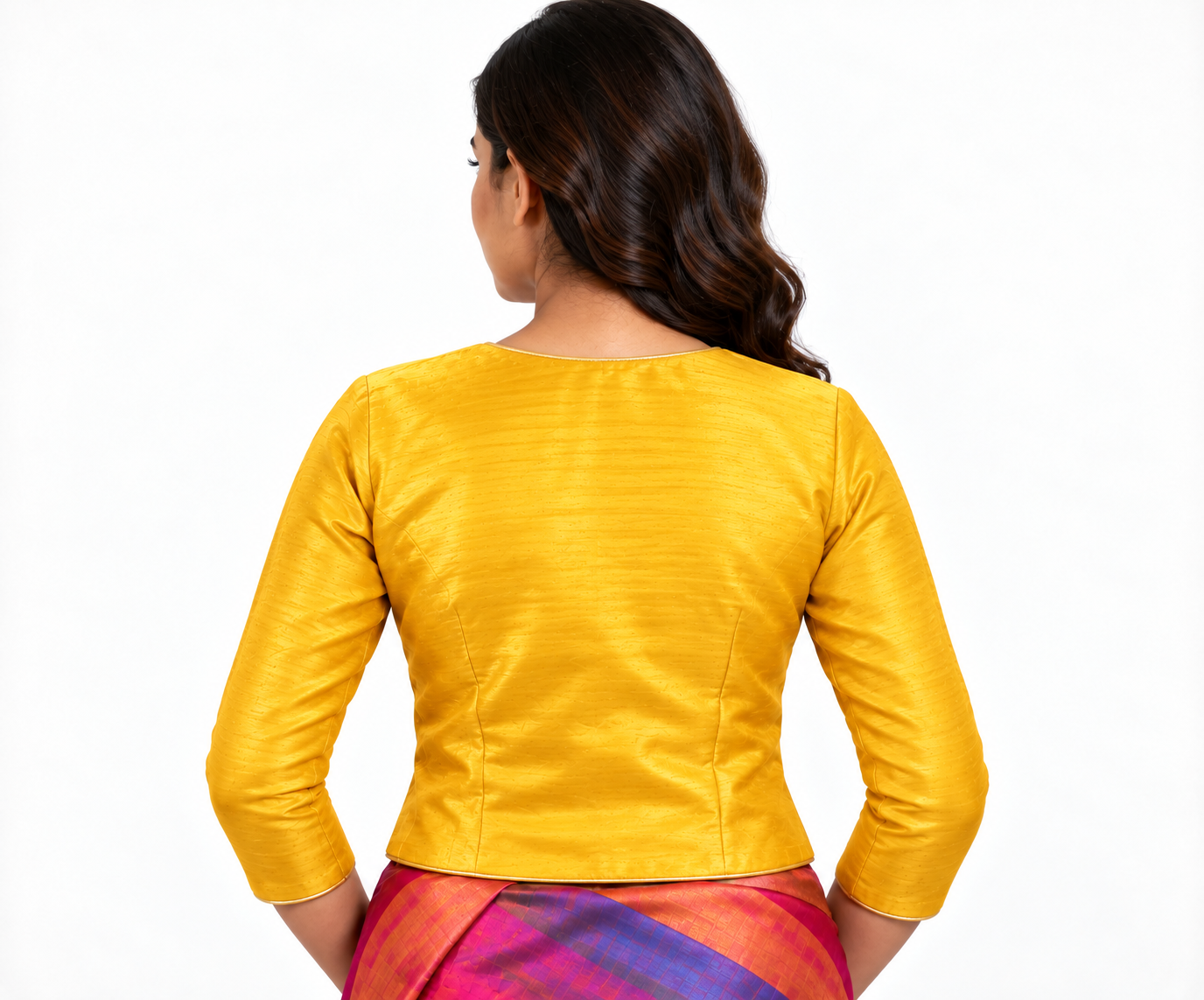 Yellow Dupion Silk Long Saree Blouse, Ready to Wear Indian Top back view