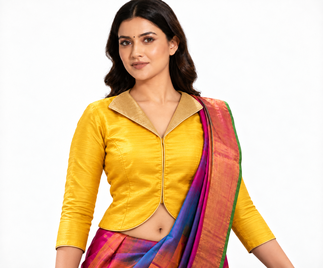 Yellow Dupion Silk Long Saree Blouse, Ready to Wear Indian Top front view