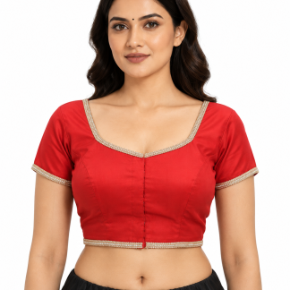 Red Taffeta Silk Saree Blouse, Short Sleeves Sari Blouse, Ethnic Indian Top front view