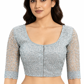 Embroidered Net Saree Blouse, Silver Party Wear Sari Top, Elbow Sleeves front view
