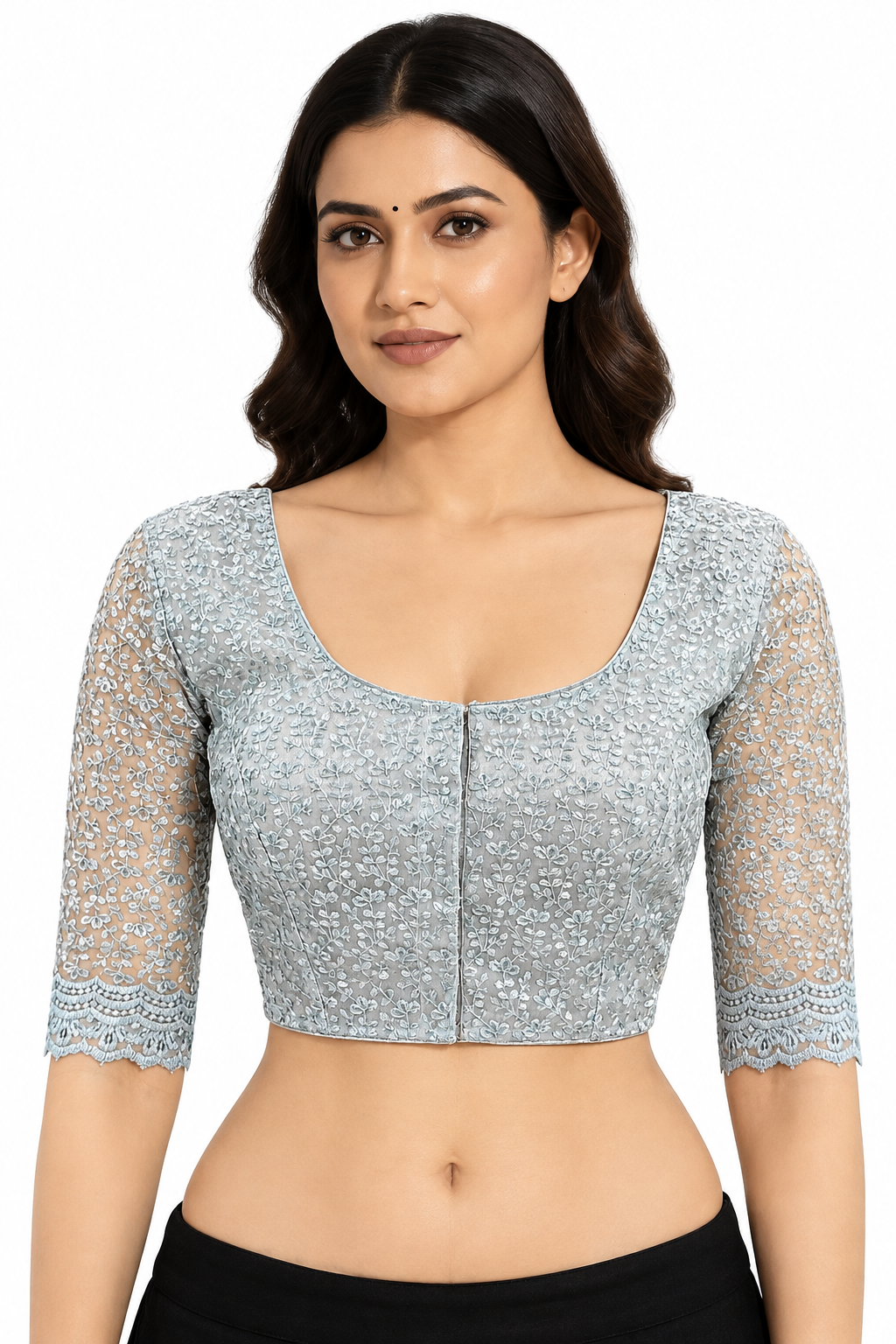 Embroidered Net Saree Blouse, Silver Party Wear Sari Top, Elbow Sleeves front view