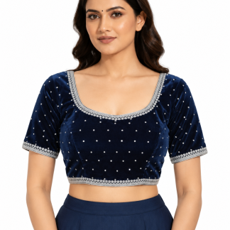 Navy Blue Velvet Saree Blouse, Readymade Indian Sari Top front view