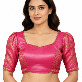 Women's Chanderi Silk Sari Blouse, Pink Elbow Sleeves Sari Top front view