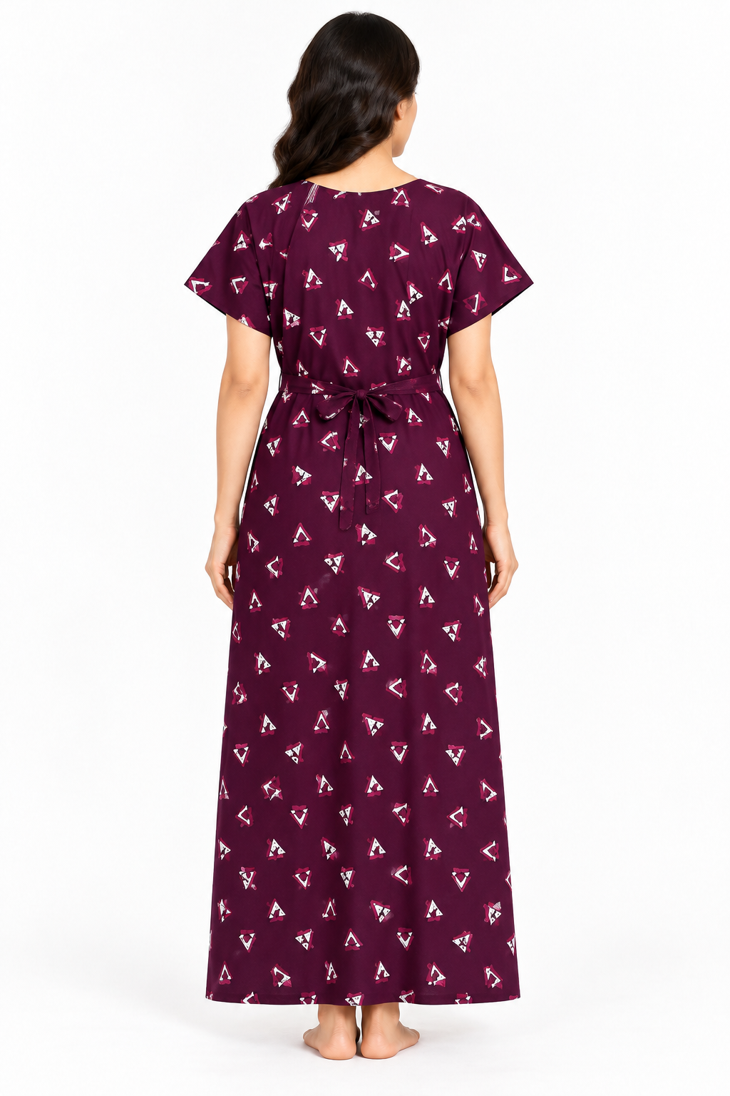 Women’s purple cotton geometric print nightgown, back view