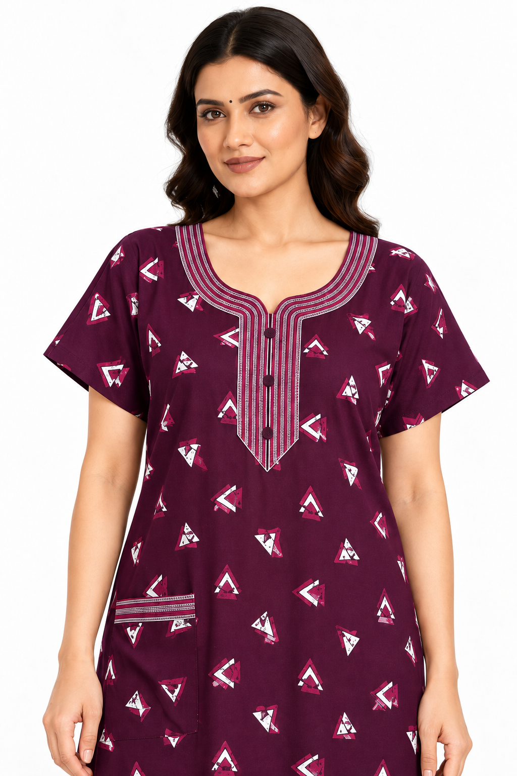 Women’s purple cotton geometric print nightgown, close-up view