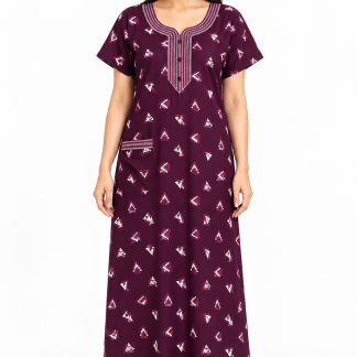 Women’s purple cotton geometric print nightgown, front view