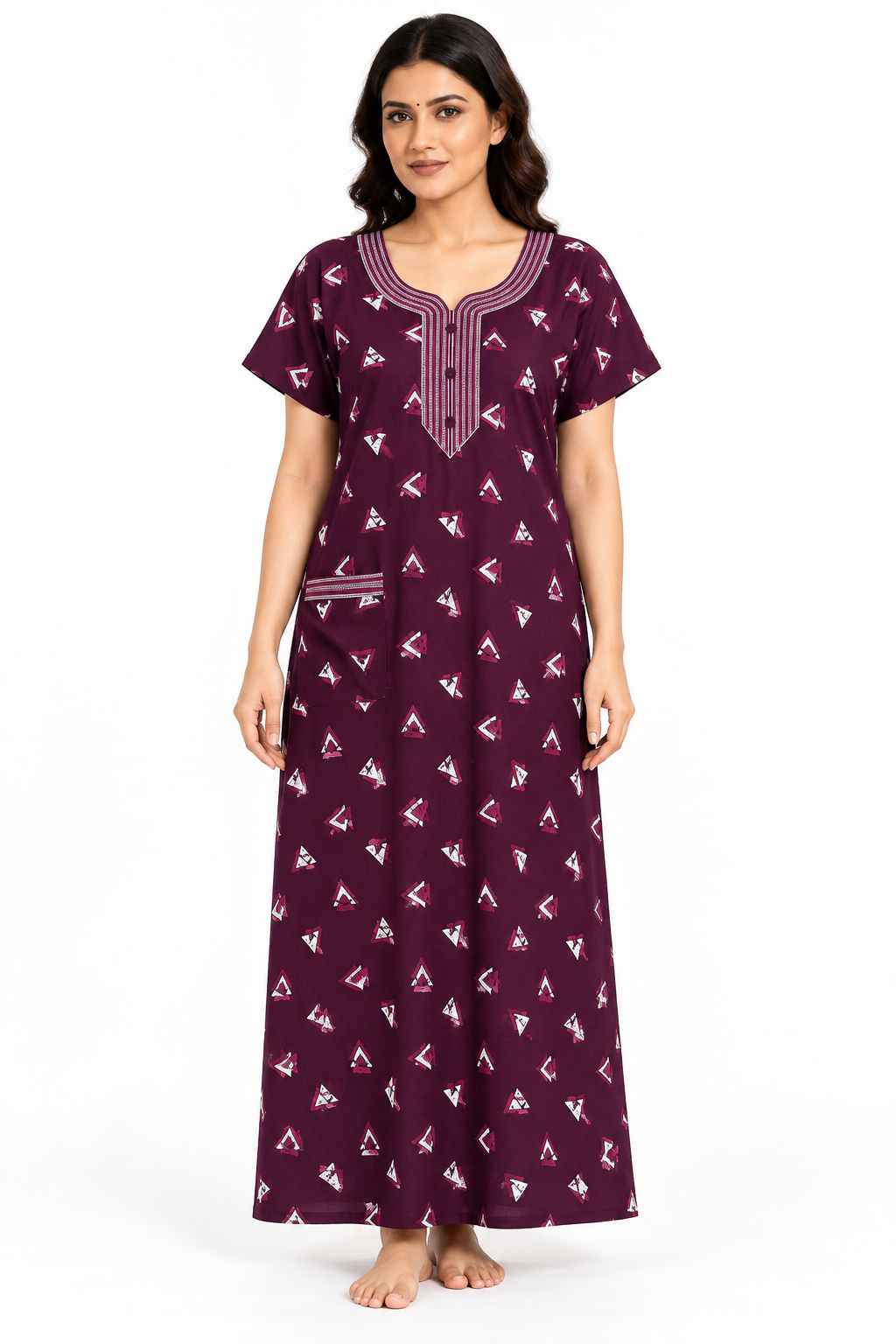 Women’s purple cotton geometric print nightgown, front view
