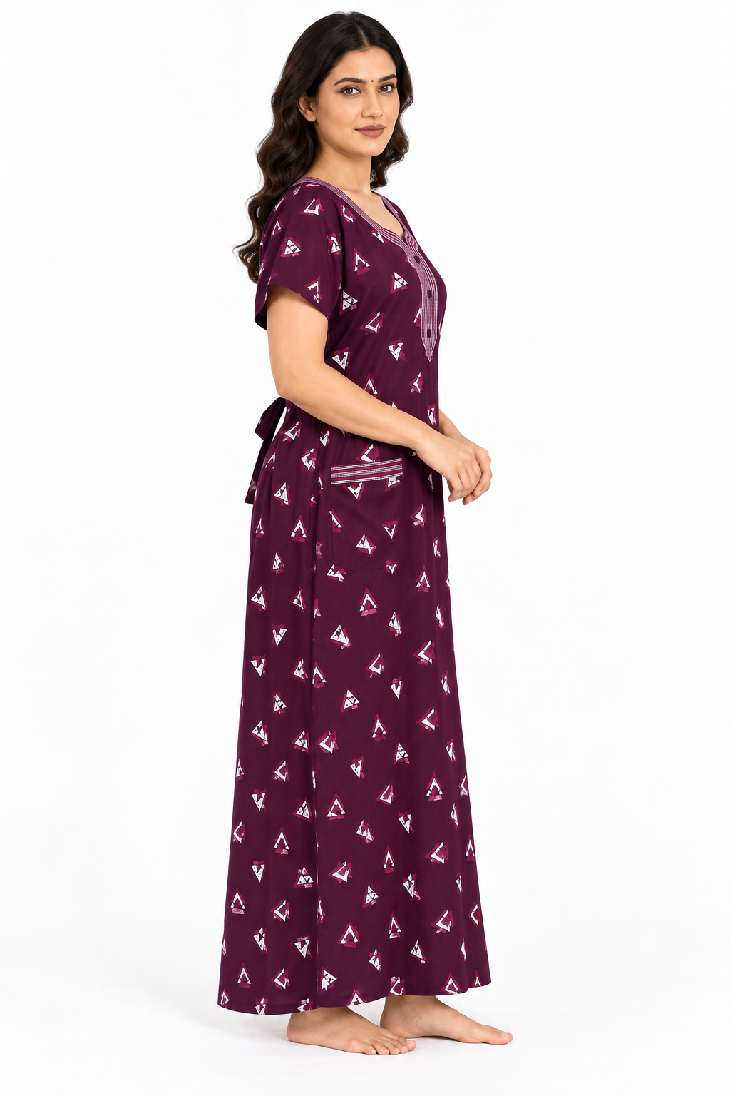 Women’s purple cotton geometric print nightgown, side-view view