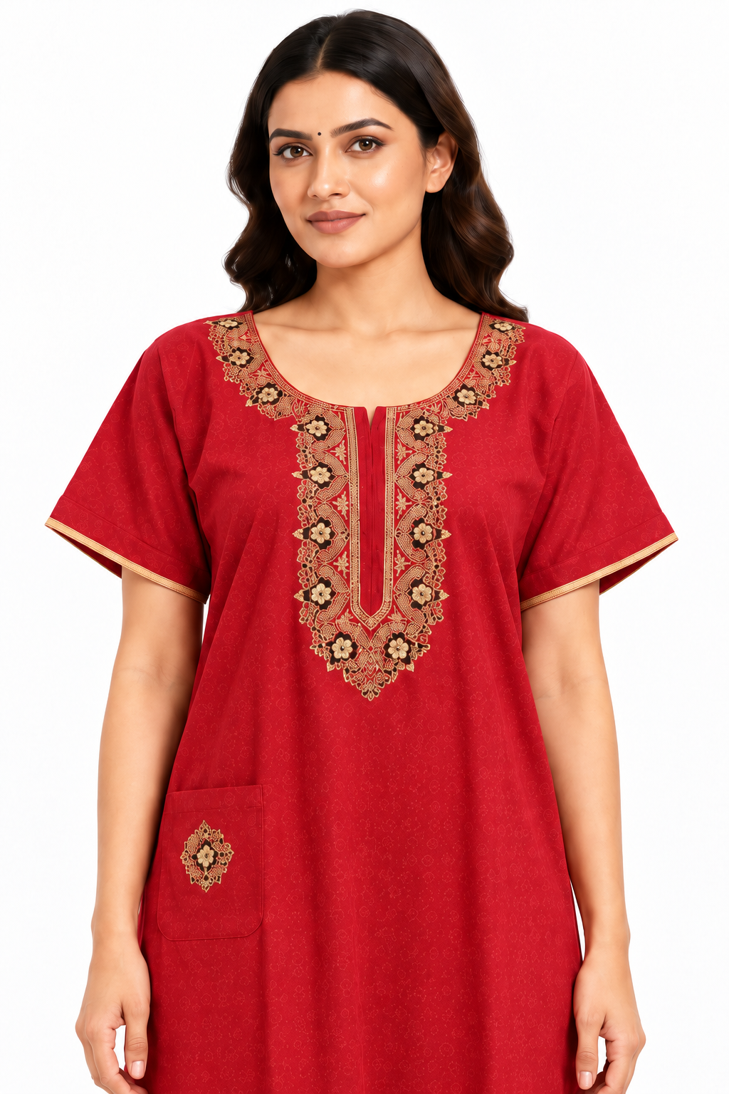 red embroidered cotton nightgown close up