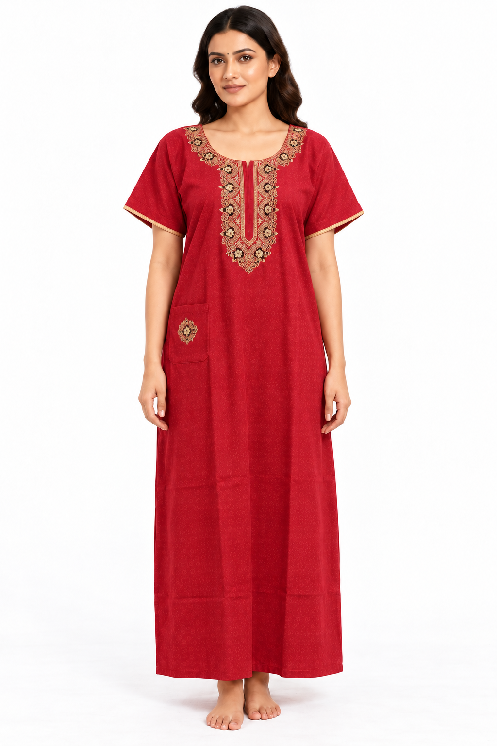red embroidered cotton nightgown front