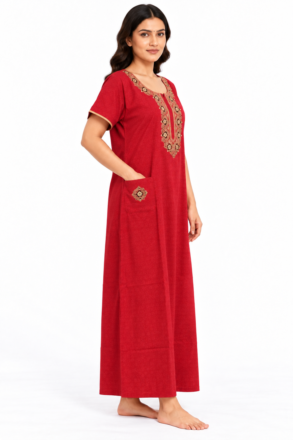 red embroidered cotton nightgown side view