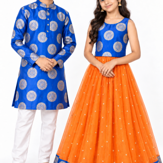 Royal Blue & Orange Brother Sister Matching Outfits - Kurta Pajama & Lehenga Choli on boy and girl models, white background; matching dupatta not pictured