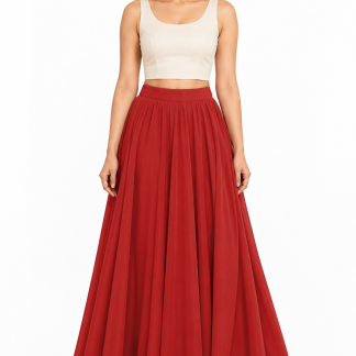 Red American crepe full flare maxi skirt on model, front view