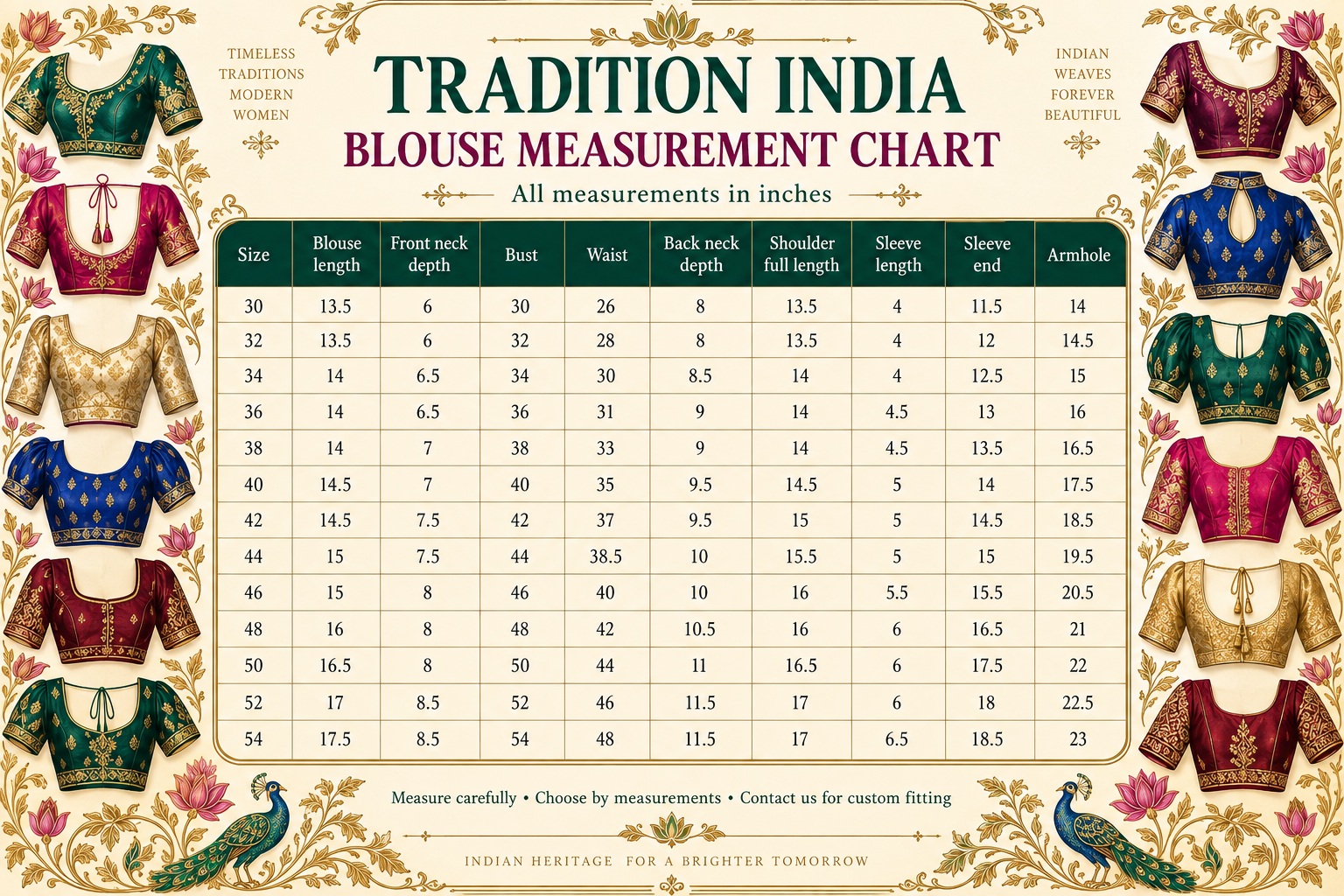 Decorated blouse measurement chart with sizes 30–54, all measurements in inches