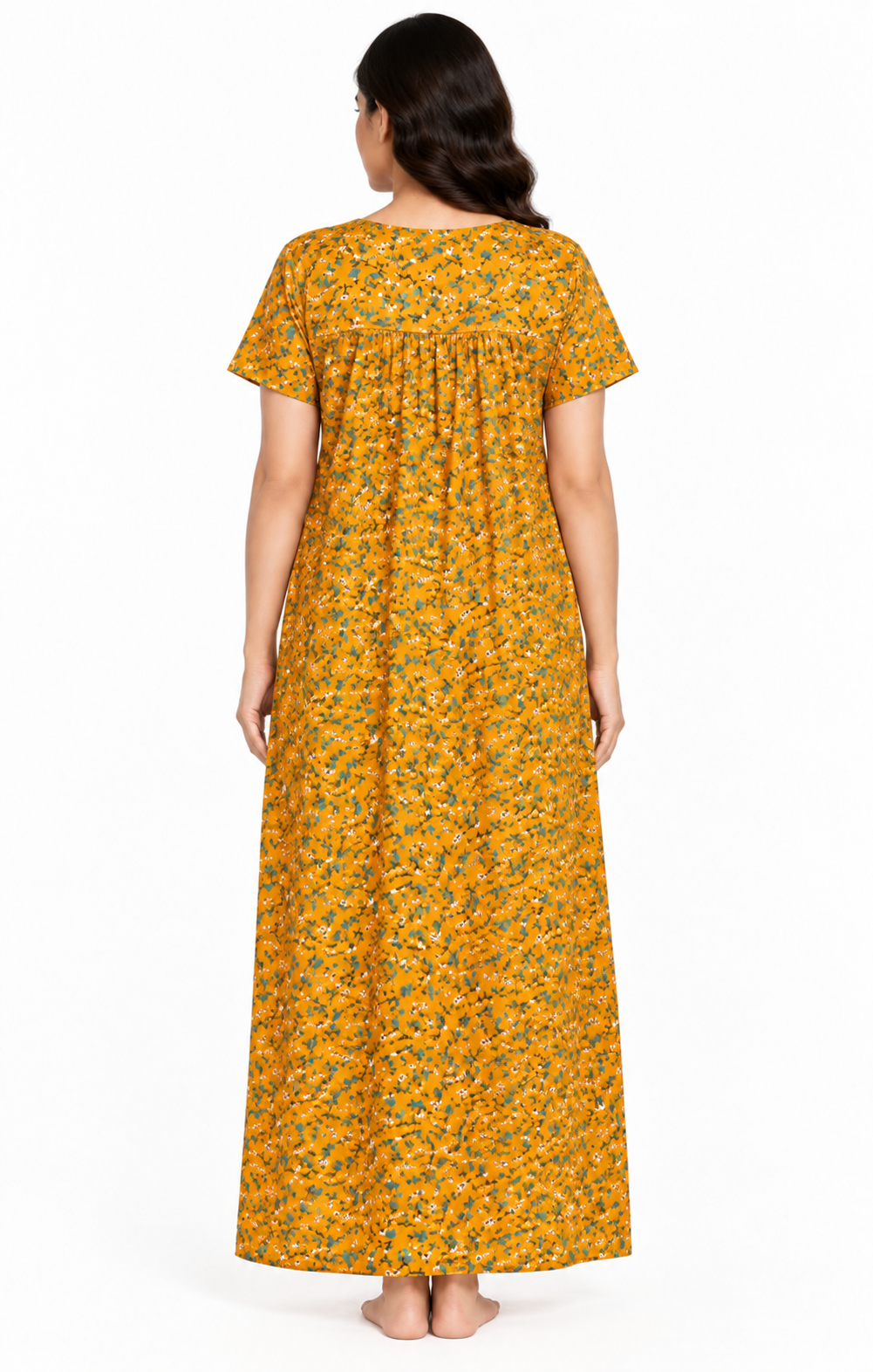 Women’s yellow cotton floral print maxi nightgown, back view