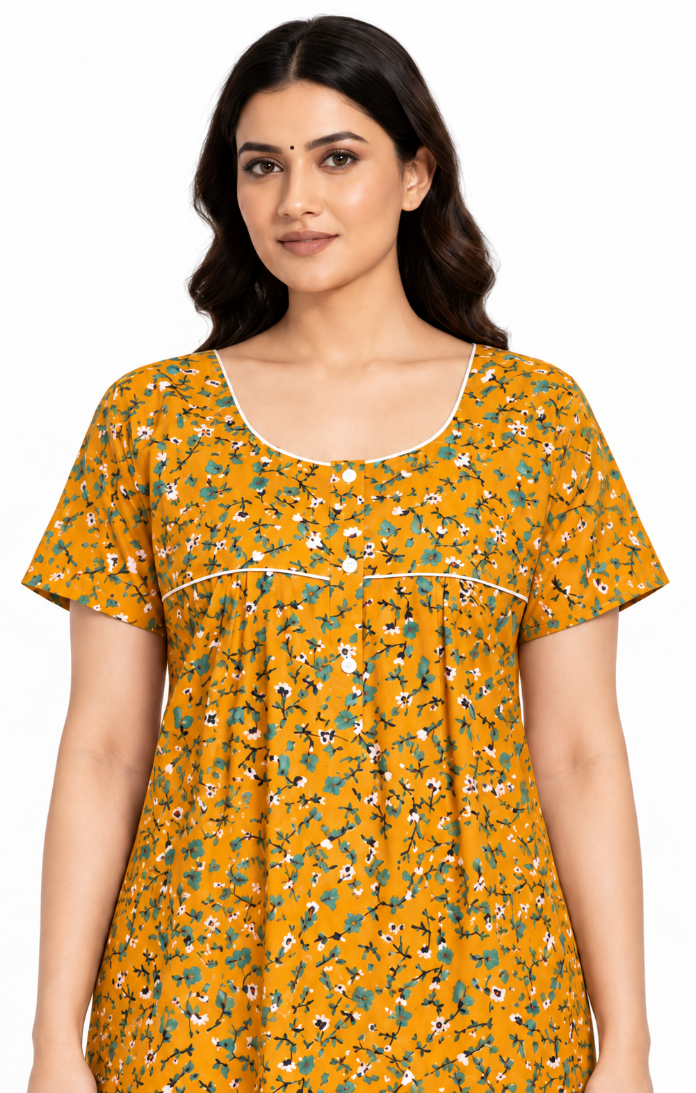 Women’s yellow cotton floral print maxi nightgown, close-up view