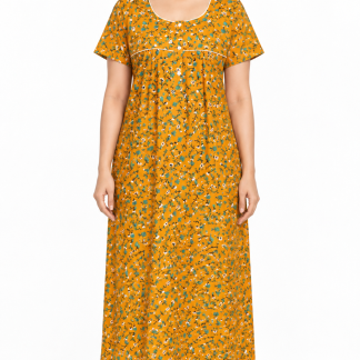 Women’s yellow cotton floral print maxi nightgown, front view