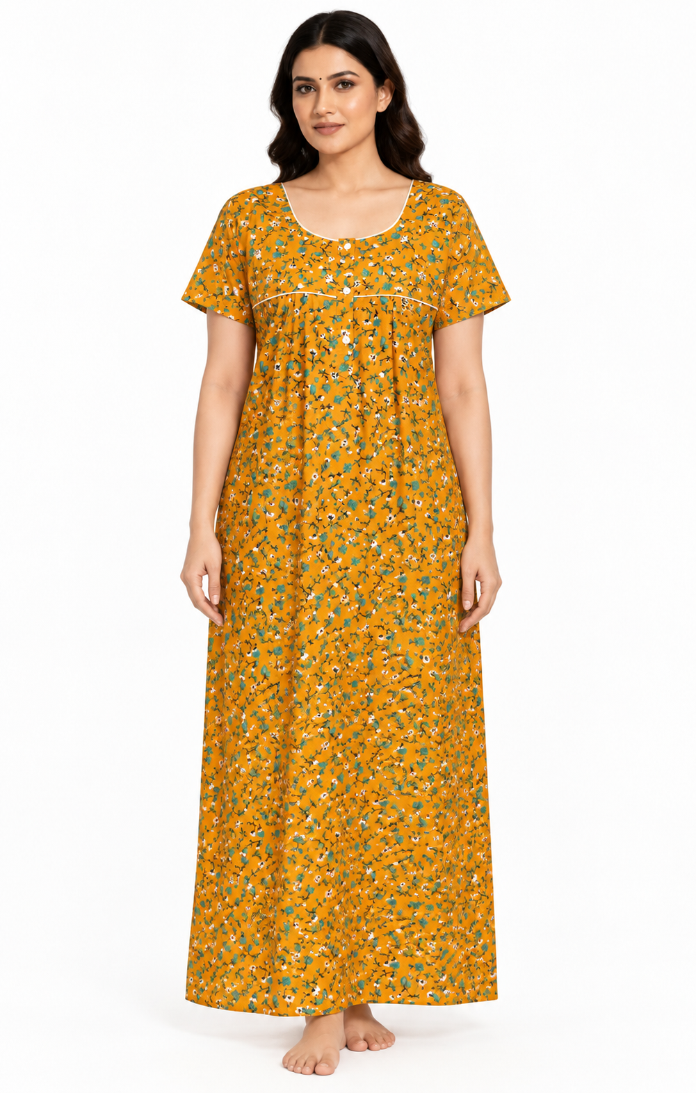 Women’s yellow cotton floral print maxi nightgown, front view