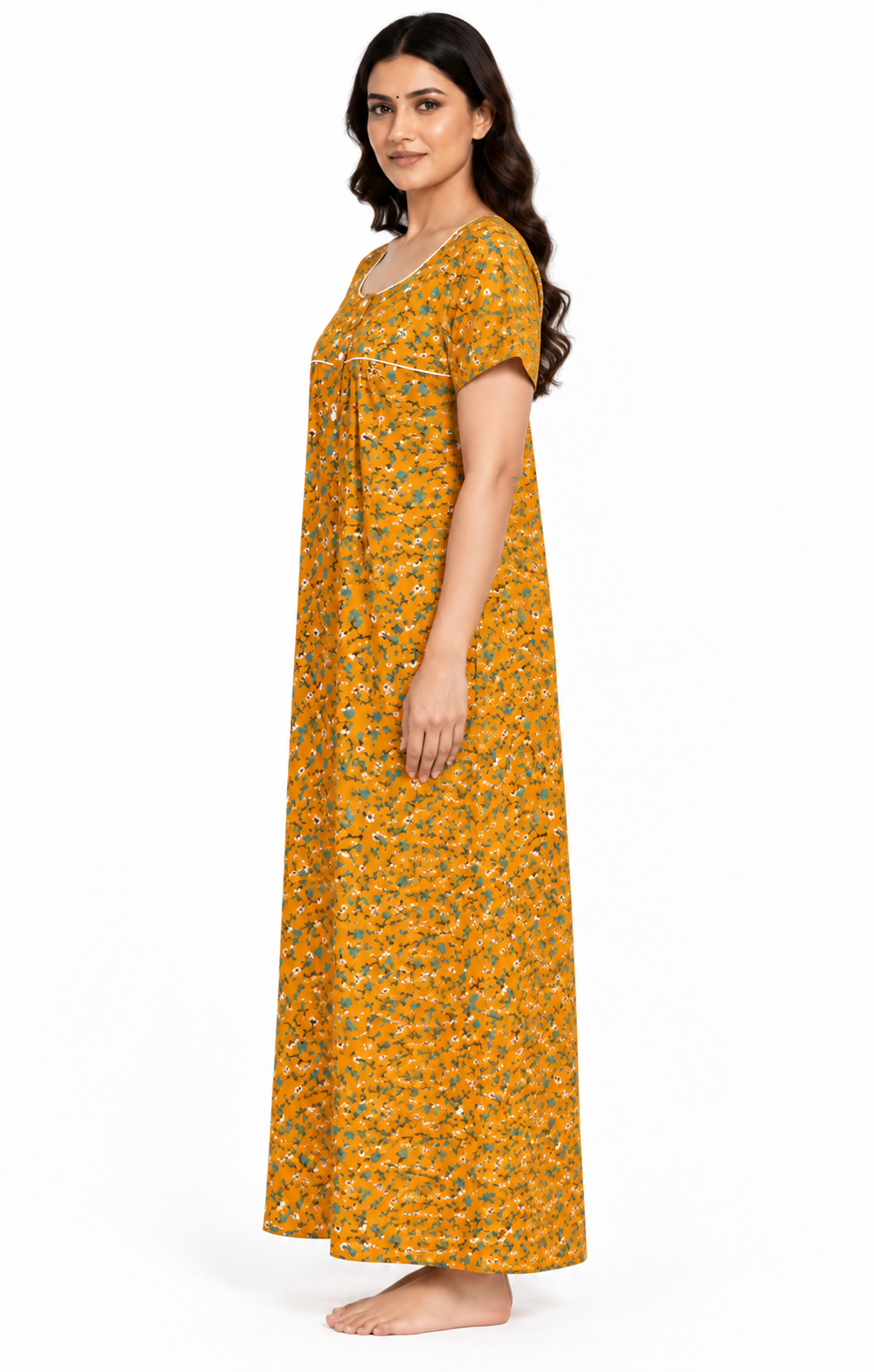 Women’s yellow cotton floral print maxi nightgown, side view